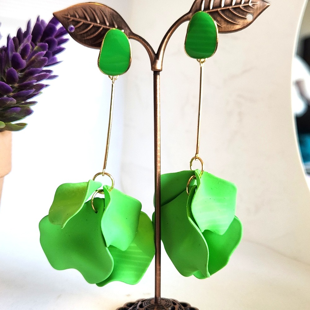 Lime Green Petal Drop Earrings Gold Tone Floral Statement Dangle Matte Neon 3.75